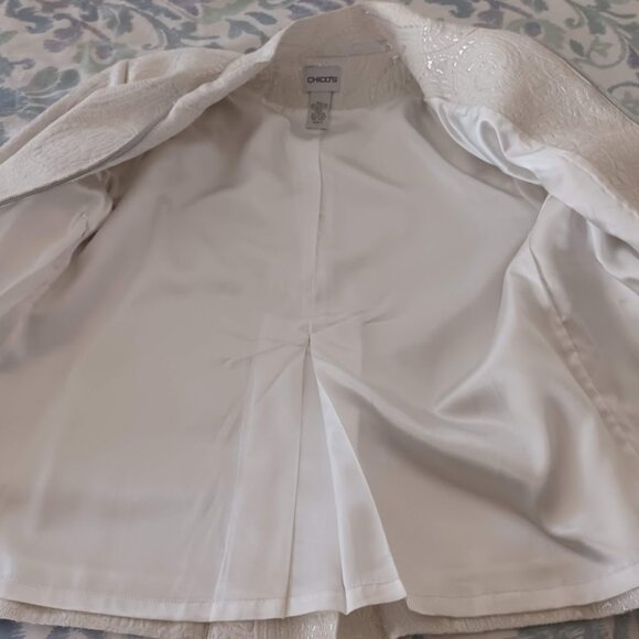 Chico’s Women’s 0 4/6 Metallic Paisley Brocade Moto Jacket Silver Ivory Pockets - Picture 4 of 8